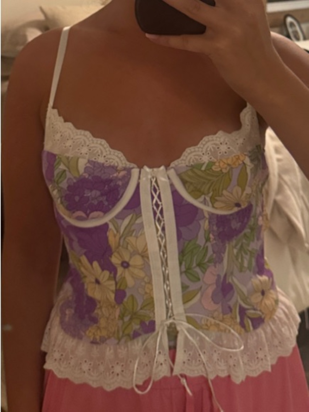 Floral Lace Trim Top in Lavender and Yellow